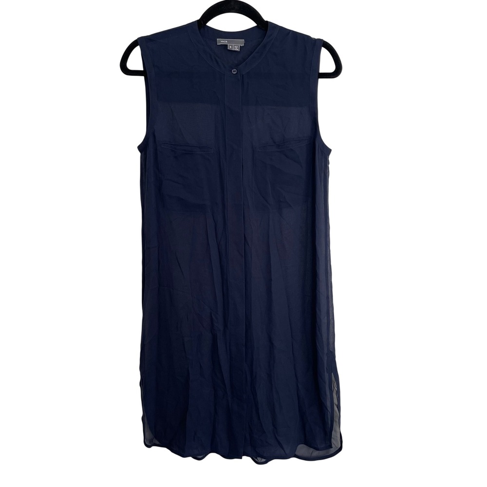 Vince Navy Blue Sheer Sleeveless Band Collar Tunic Dress Size S
